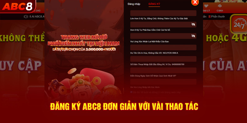 Đăng ký ABC8 đơn giản với vài thao tác